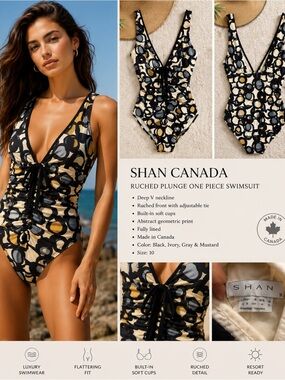 SHAN Girls One-Piece Swimsuit in Black, White, Gray & Gold Circle Print